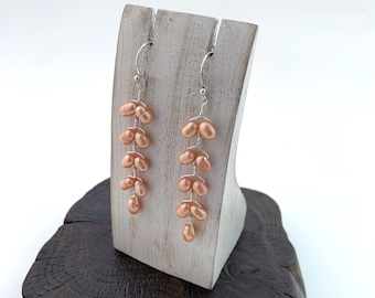 Peach Freshwater Pearl Drop Earrings, Stunning Orange Pearl dangling sterling silver earrings