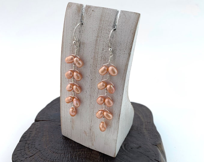 Peach Freshwater Pearl Drop Earrings, Stunning Orange Pearl dangling sterling silver earrings
