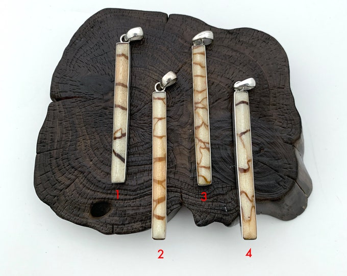 Long Skinny Rectangle Pendant, Zebra Striped Coral, Silver Rectangle, Silver 925, Earth Tone
