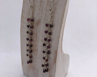Garnet Earrings, Long Garnet Earrings, Birthstone, Tiny Garnet Balls, Sterling Silver Dangle Earrings.