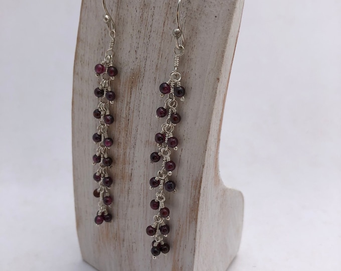 Garnet Earrings, Long Garnet Earrings, Birthstone, Tiny Garnet Balls, Sterling Silver Dangle Earrings.