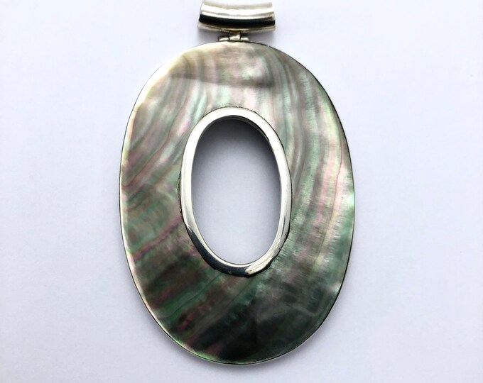 Green Shell Sterling Silver, Oval Pendant, Natural Shell Necklace, Large Shell Pendant, Chunky Pendant