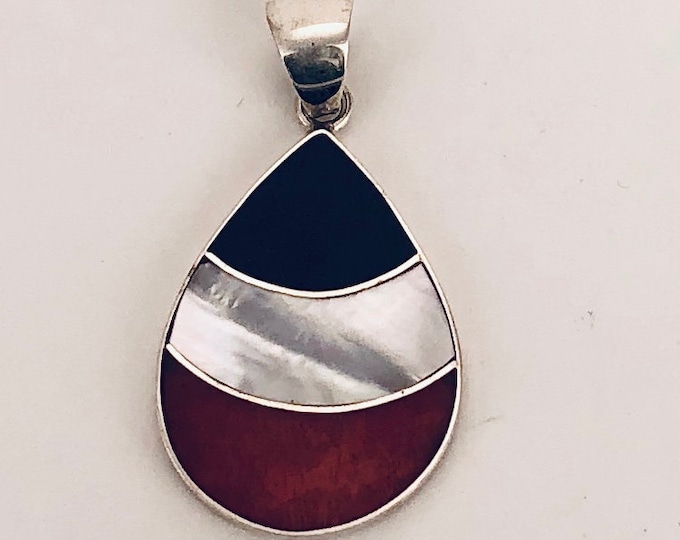 Silver Teardrop Pendant, Black Shell, Mother of Pearl, Red Coral, Sterling Silver 925.