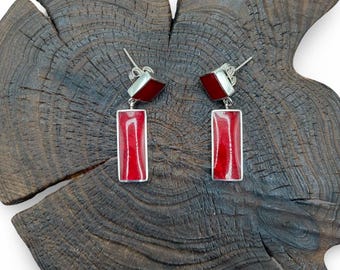 Red Coral Earrings, Rectangle Red Coral, Stud and Dangle Coral Earring, Sterling Silver Earring,Red Rectangle Earrings
