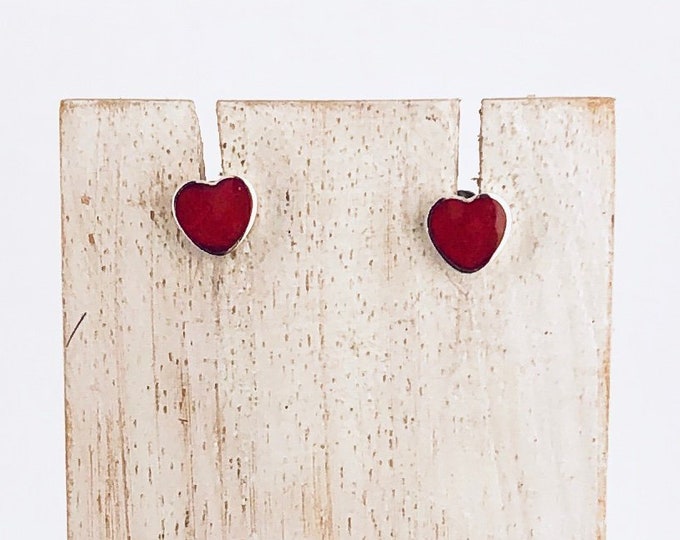 Small Red Coral Heart Minimalist minimal Studs - Sterling Silver, Stud Earring, Red Heart Stud, Valentine's Day Gift, Heart Earring