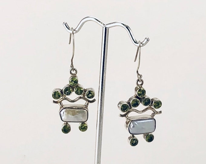 Peridot & Pearl Earrings, Green Earring, Peridot and Blister Pearl, Sterling Silver Earrings