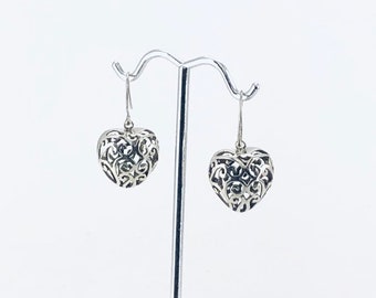 Heart Earrings, Dangle Heart Earrings, Drop Heart Earrings, Silver Heart Earrings, Intricate Silver Heart, Heart Jewellery, Valentine's Day