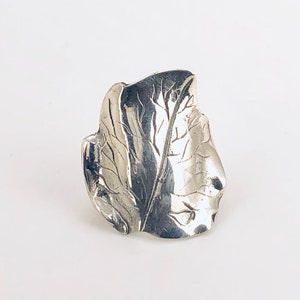 Peut inclure: Une bague en argent avec un motif de feuille. La bague est en métal et a une surface texturée.