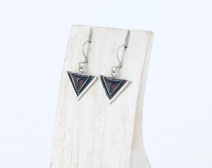 Red Garnet Earrings, Triangle Shaped, Sterling Silver, Birthstone, January Stone, Triangle Earrings