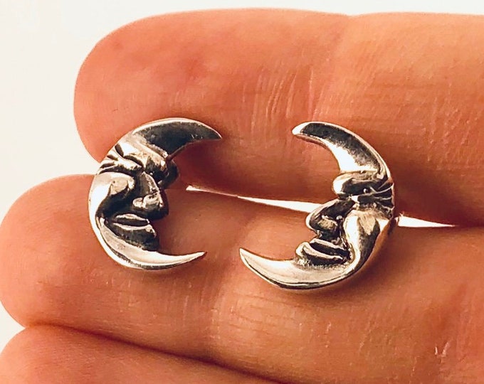 Crescent Moon Earrings, Sleeping Crescent Moon Stud, Celestial Earrings, Sterling Silver