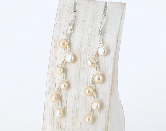 Pearl Earrings, Peach Pearl Earrings, Dangle Sterling Silver Earrings, Drop Pearl, Minimalist Jewellery, Silver 925