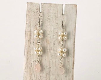 Pearl & Rose Quartz Earrings, Rose Quartz and Pearl, Sterling Silver, Dangle Pink Earrings, Drop Pink Earrings,Silver Pink Earrings