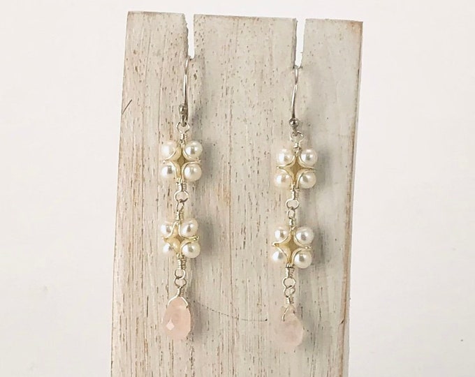Pearl & Rose Quartz Earrings, Rose Quartz and Pearl, Sterling Silver, Dangle Pink Earrings, Drop Pink Earrings,Silver Pink Earrings