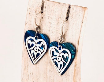 Blue Paua Shell Earring,Blue Abalone Heart Earring, Heart Silver Dangle Earrings, Heart Drop Earrings, Valentine's Day Gift,Blue Heart