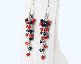 Coral & Onyx Earrings, Red and Black, Sterling Silver Grape Earrings, Chandelier Earrings