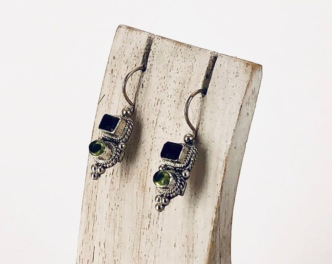 Quartz & Peridot Earrings: Smoky Quartz and Green Peridot, Sterling Silver Earrings, Two Tone Earrings,Silver Peridot Earrings