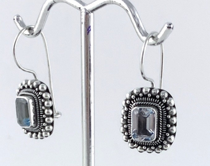 Rectangle Blue Topaz Earrings, Faceted BlueTopaz Stone, Gorgeous Silver Work, Everyday Earrings,Silver Blue Earring,Dangle Topaz Earring