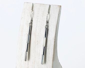 Mother of Pearl Earrings, Thin and Long, Sterling Silver 925, Tube Earrings, Minimalist