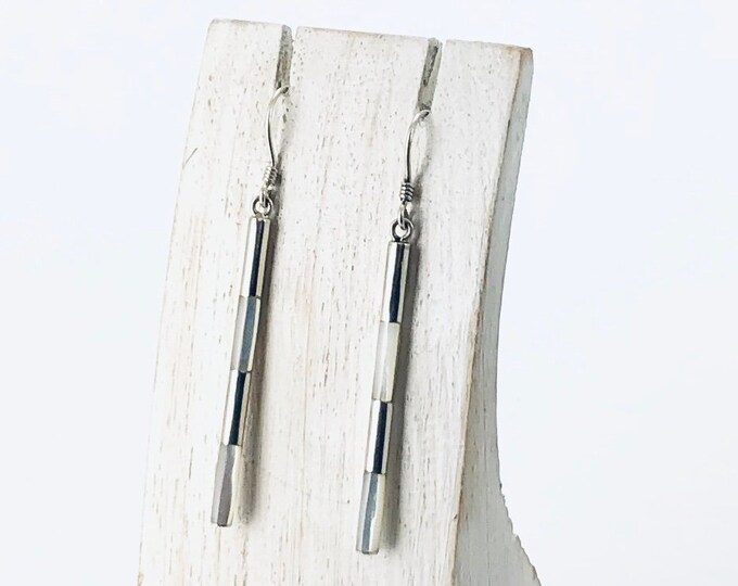 Mother of Pearl Earrings, Thin and Long, Sterling Silver 925, Tube Earrings, Minimalist