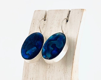 Blue Paua Shell Earrings, Sterling Silver, Oval Blue Earrings, Mothers day, Big Blue Earrings, Chunky Earrings, Large Blue Shell Earrings
