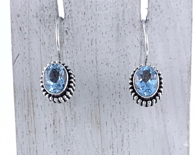 Blue Topaz Silver Earrings, Oval Blue Topaz Dangle Earrings, Genuine Stone, Gemstone Earrings, Silver Blue topaz