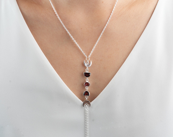 Garnet Necklace, Silver Neckline, Garnet Necklace,Y Shaped Chain Necklace, Minimalist, Garnet Stone Necklace, Boho, Celestial necklace