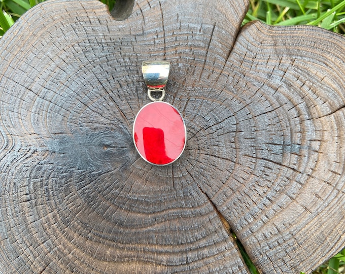 Red Coral Pendant,Small Oval Necklace,Minimalist Oval,Coral Oval Pendant,Red Jewellery