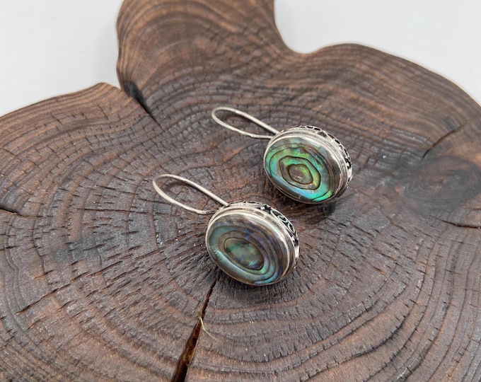 Abalone Shell Earrings, Natural Abalone, Oval Abalone Earrings, Dangle Earrings,Silver 925, Medium Size