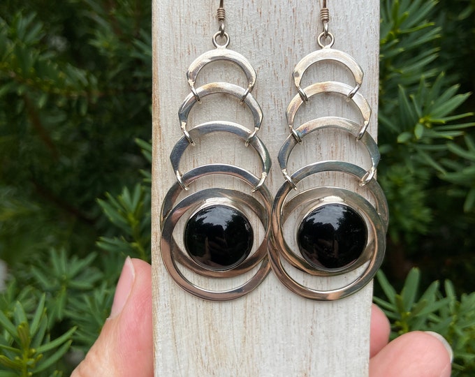 Sterling Silver Onyx Earrings, Stunning Onyx Earrings, Long Onyx Earrings, Circle Onyx Earrings,Dangle Large Earrings