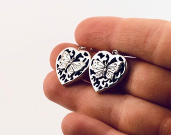 Butterfly  Earring, Heart Silver Drop Earrings, Butterfly on Silver Heart, Dangle Silver Earrings, Love Earrings, Valentine's Day