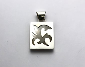 Reversible Mother of Pearl, Rectangle Silver Pendant,Silver Leaf, White Pendant, Silver Shell Pendant,  Silver Mother of Pearl