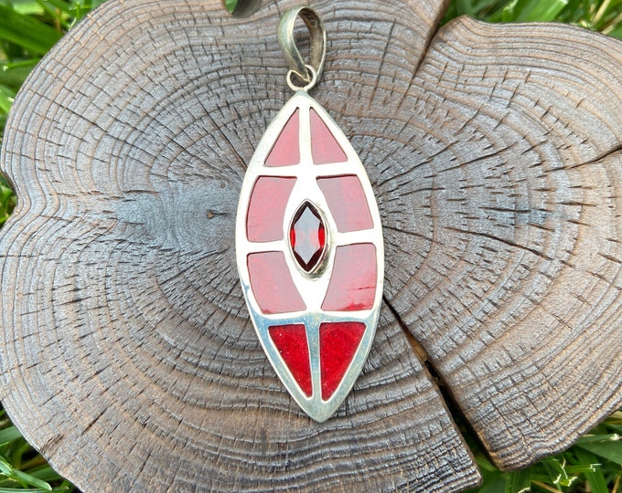 Sterling Silver Pendant,Red Coral Pendant,Solid Silver Pendant,Coral Necklace,Marquise Shape,