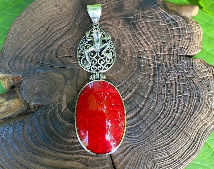 Red Coral Pendant,Sterling Silver Pendant,Oval Red Coral Pendant,Red Coral necklace,Unique Red Pendant,Silver Frog Pendant