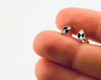 Black & White harlequin Stud Earrings, Sterling Silver,Silver Post,Silver Stud