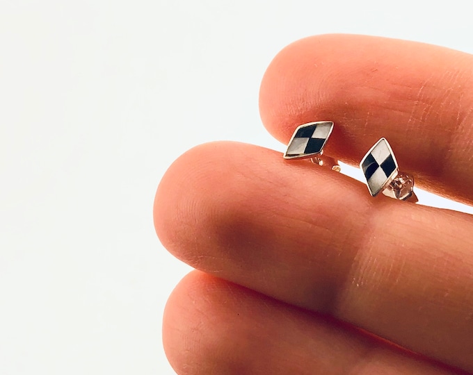 Black & White harlequin Stud Earrings, Sterling Silver,Silver Post,Silver Stud