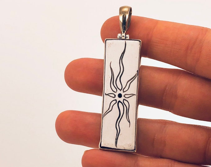 Wood Pendant, Tribal Sun Design, Paint on Wood,Sterling Silver, White Jewellery, Celestial Pendant