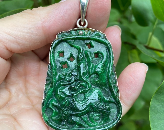 Sterling Silver Jade Pendant, Carved Jade Pendant, Double Side Carving Jade, Jade Necklace, Statement Jade Pendant, Stunning Jade Necklace