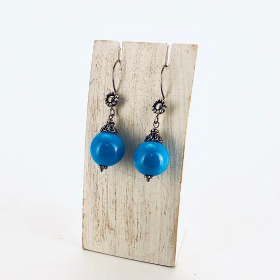 Reconstituted Turquoise Earrings with Round Stones Sterling Silver Reconstituted Turquoise Earrings with Round Stones Sterling Silver