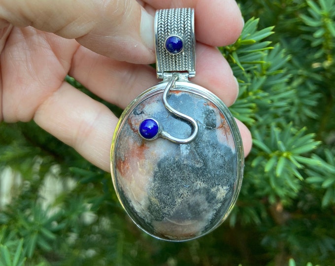 Agate Silver Pendant, Agate & Lapis Lazuli,  Sterling Silver, Chunky Pendant, Large Necklace, Lapis Necklace, Large Silver  Pendant