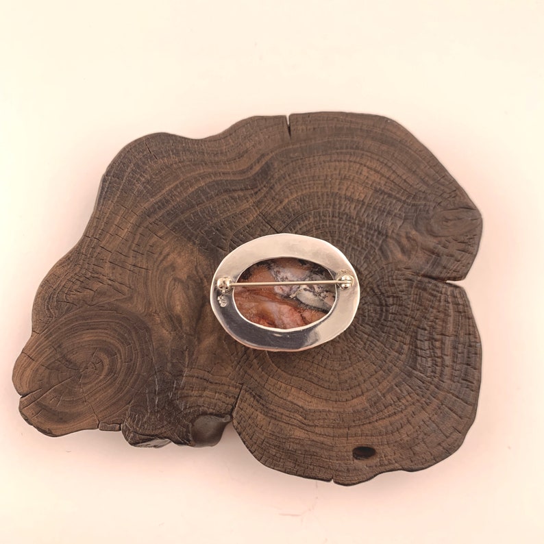 Silver Agate Brooch Beautiful Natural Agate Brooch Earth Tones Sterling Silver Brooch