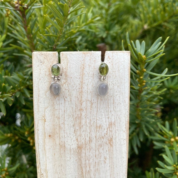Peridot Stud Earrings, Peridot Cabochon, Moon stone Earrings, Sterling Silver, Oval Stud Earrings, Silver 925