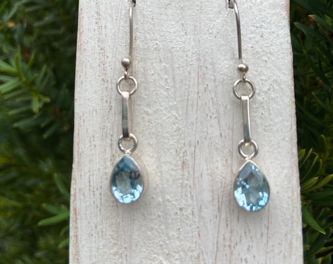 Blue Topaz Earrings,Dangle Blue Topaz,Blue Topaz Teardrop,Solid Silver Blue Earrings,Faceted Topaz Earrings