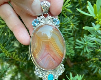 Agate Necklace, Natural Oval Agate, Chunky Sterling Silver Pendant, Blue Topaz and Turquoise Accent, Large Jewellery