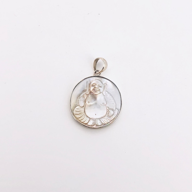 Happy Buddha Pendant in Light Grey Mother of Pearl and Sterling Silver