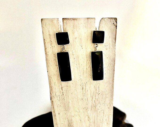 Rectangle Black Shell,Stud and Dangle Earrings,Sterling Silver 925,Geometric Earrings,Modern Look