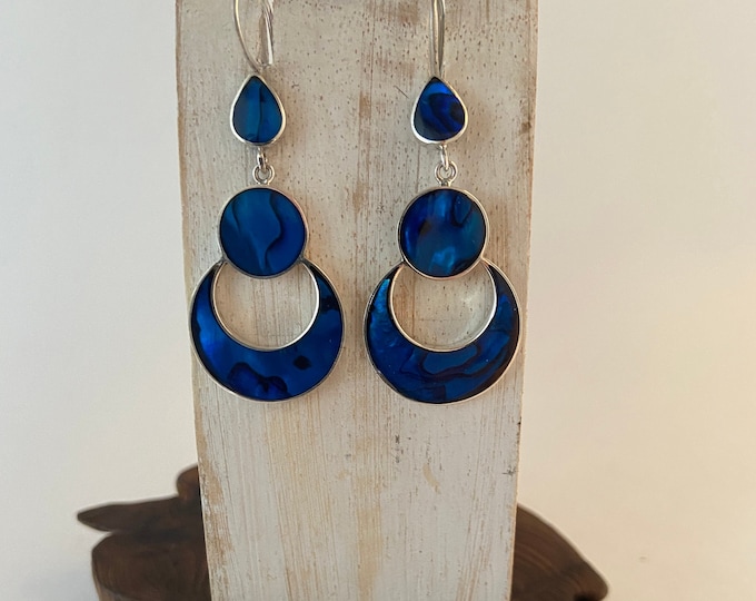 Blue Paua Shell Earrings, Crescent Moon Shell Earrings,Round Blue Earrings,Sterling Silver Earrings,Blue Shell Earrings,Stunning Earrings