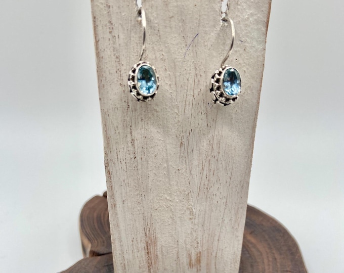 Blue Topaz Earrings,Sterling Silver Earrings,Oval Blue Topaz Earrings,Genuine Stone Earrings,Dangle Blue Topaz