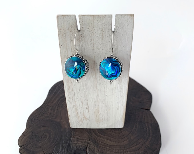 Blue Shell Earrings, Paua Shell Jewellery, Round Blue Earrings , Blue Abalone, Ethnic Design Earring, Oxidized Silver, Silver 925