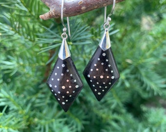 Wood & Silver Earrings, Rhombus Wood Earrings, Sterling Silver Dangle Earrings, Natural Wood, Dark Brown Wood, Diamond Shape, Wooden