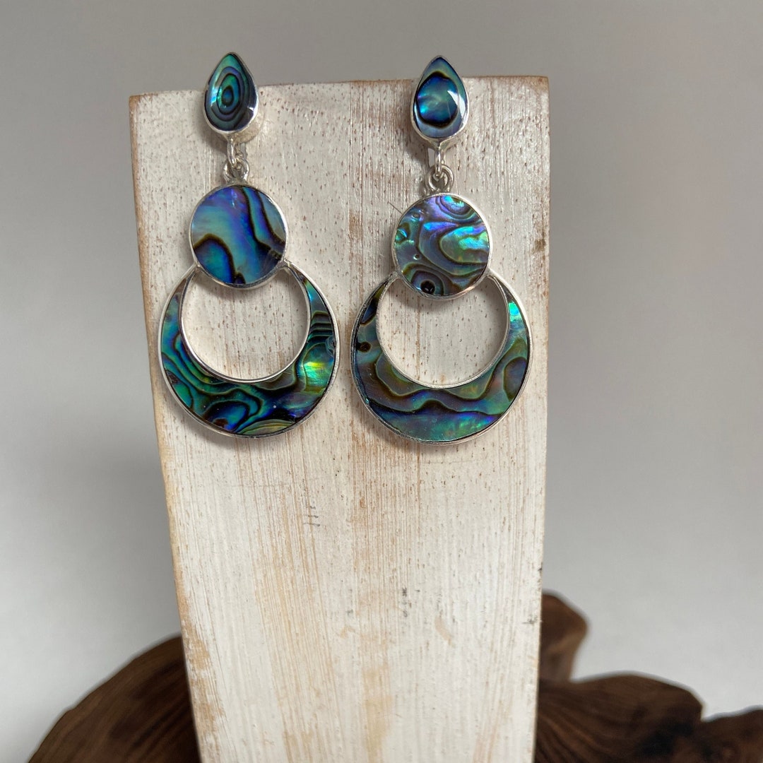 Handmade Abalone Shell Dangle Earrings - Genuine Natural Stone, Silver Tone Copper Hooks